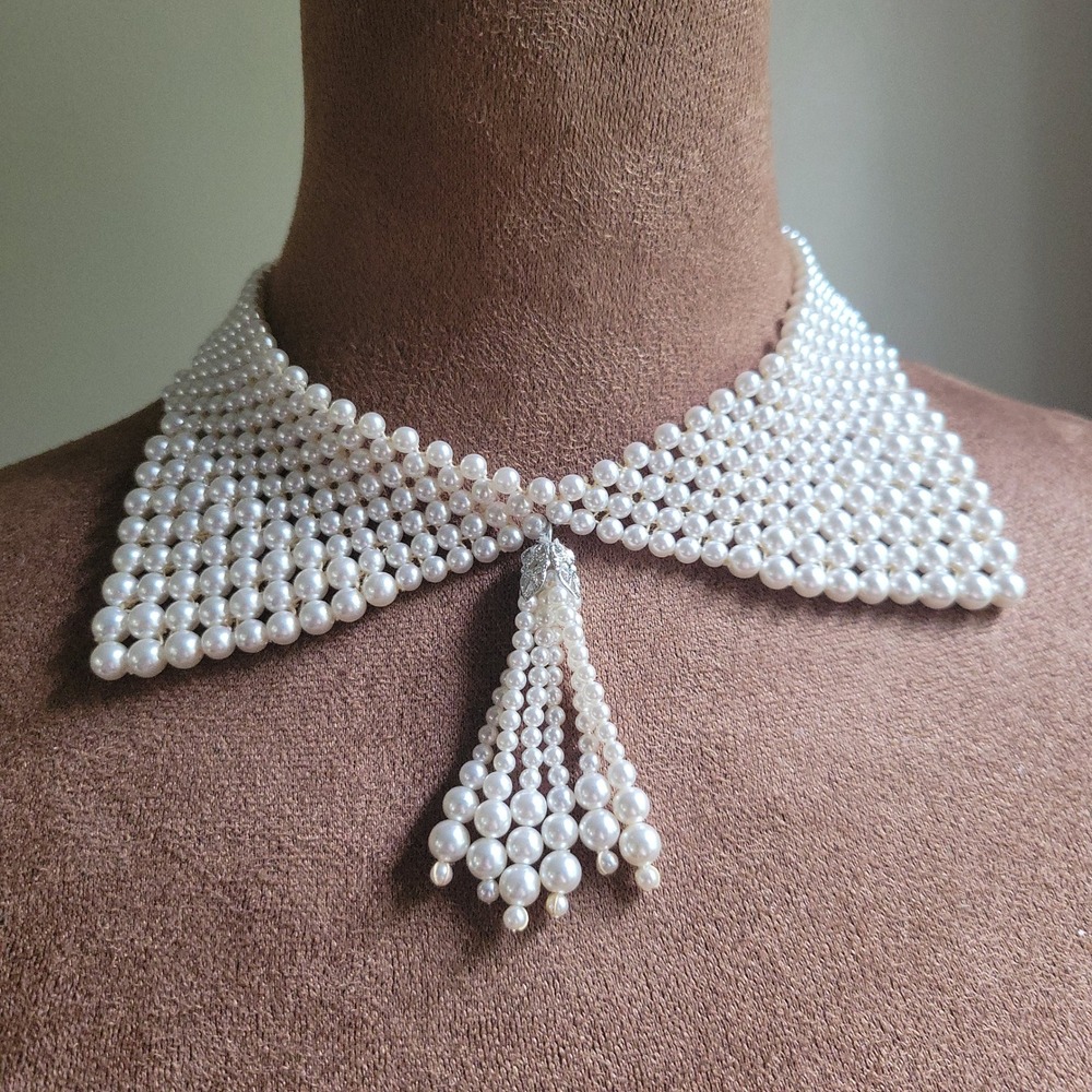 Vintage Japan Faux Pearl Collar Tassel Necklace Rhinestone Clasp 13" Coquette